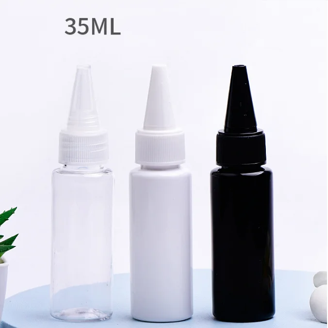 Customize support fast delivery 35ml PET plastic liquid gel Squeeze Dropper Bottle with Twist Top Spout Cap for ink and hair oil