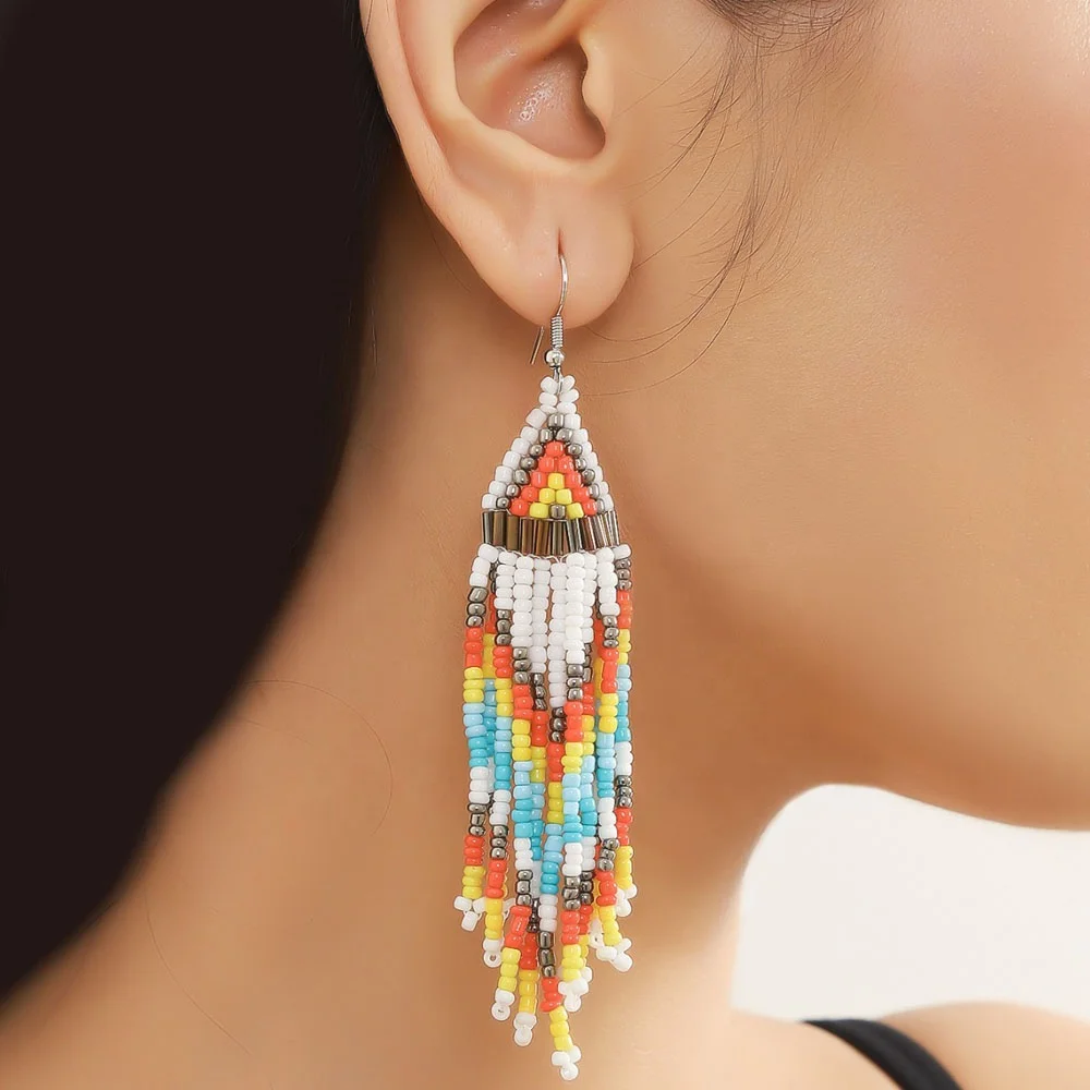 fashion dangling earrings for girls boho long fringe seed beaded tassel earrings