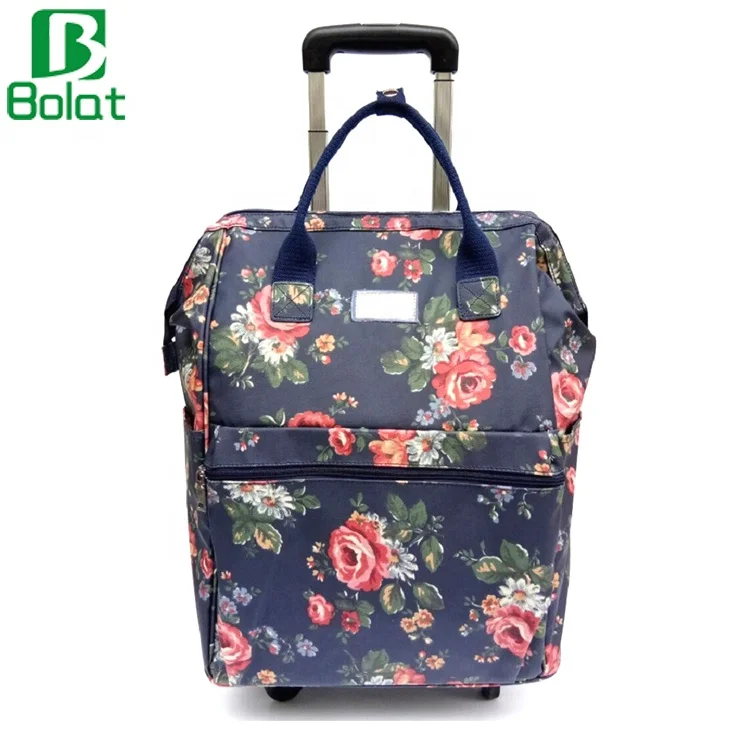 Large Capacity Flora Print Canvas Trolley Tote Bag Cabin Luggage On Wheel Rolling Travel Bag