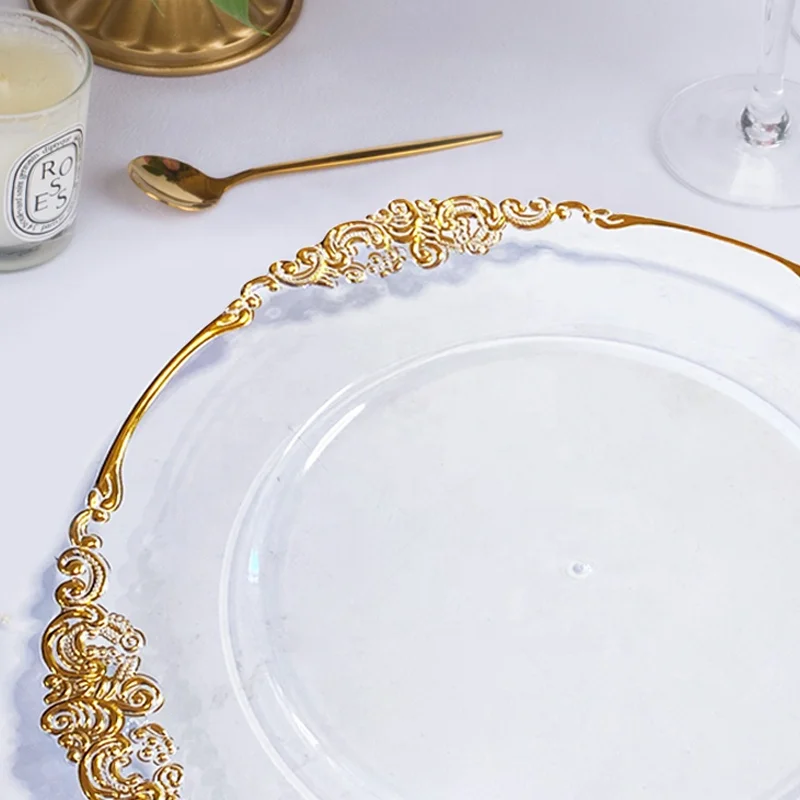luxury cheap wholesale round transparent plastic reef silver rose gold rim beaded clear charger plates wedding decoration rustic