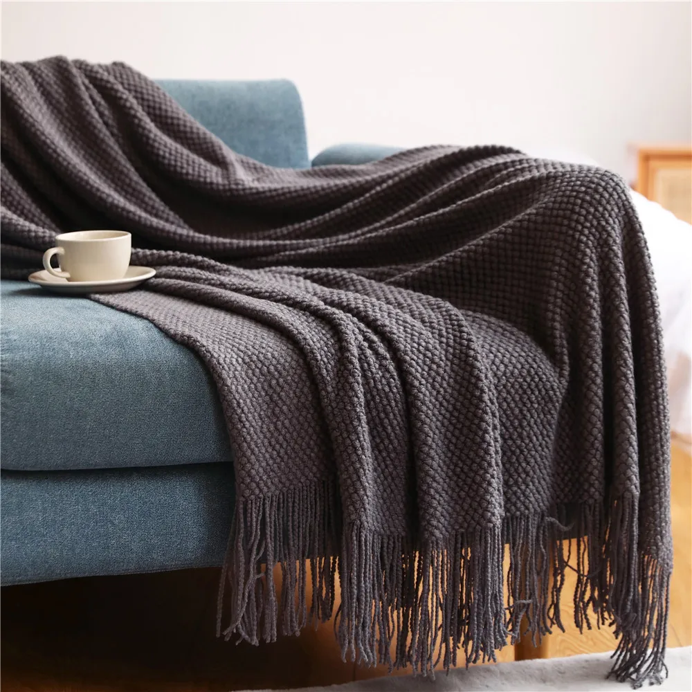 Songmai Throw Blanket for Couch Waffle Acrylic Blanket Soft Cozy Bed Decor Travel Blanket with Tassels for Living Room