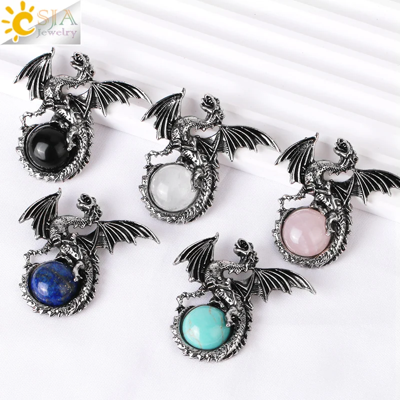 CSJA Vintage Jewelry Titanium Steel Dragon Wing Natural Healing Cabochon Stone Animal Pendant Necklace For Men Women H146