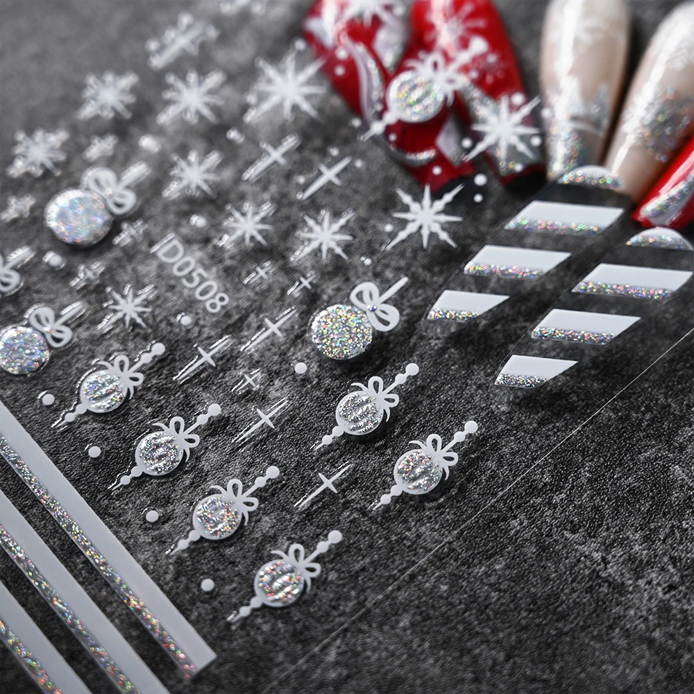 3D Christmas Nail Stickers 10*8cm Snowflake Flowers Pattern Nail Art Decals Laser Silver Gold Xmas Winter Sliders Nail Decals