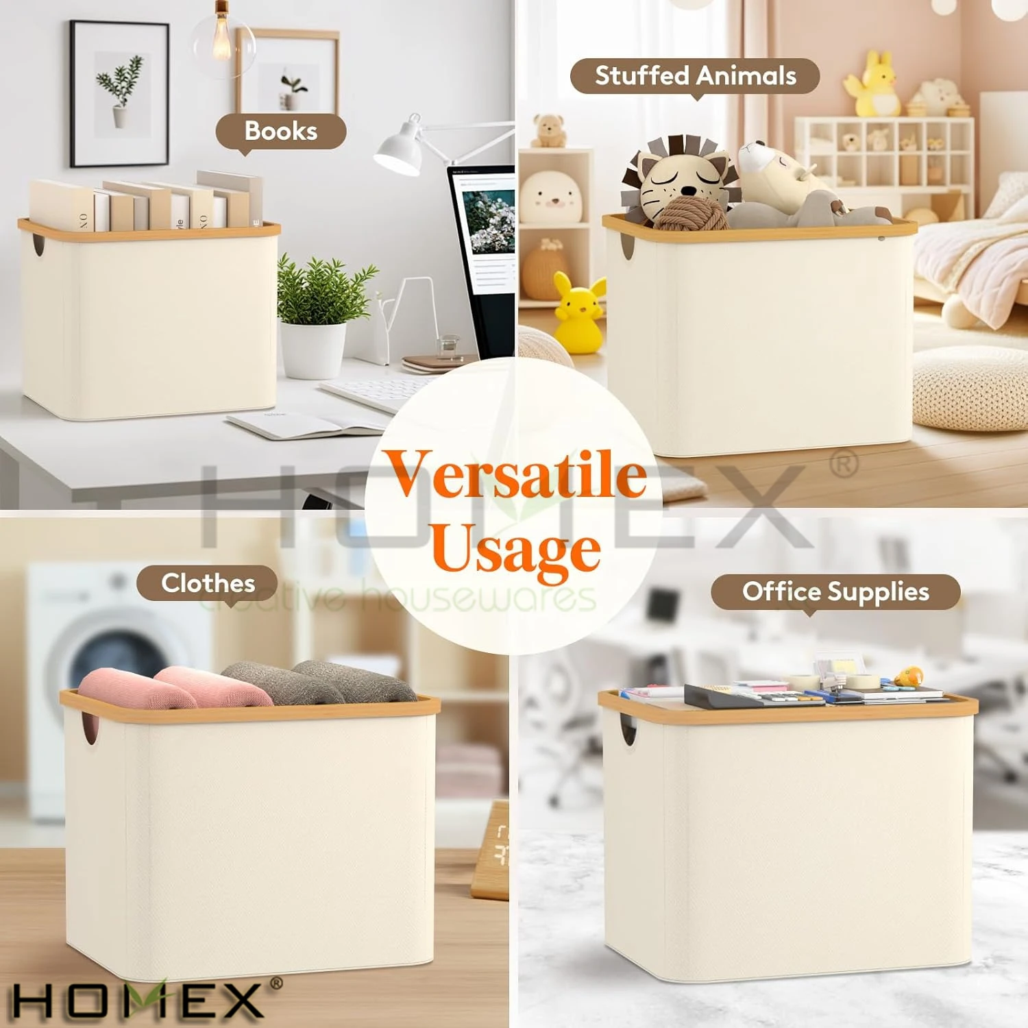 42L Collapsible 2Pack Foldable Storage Basket Storage Bin Cubes with Bamboo Handles
