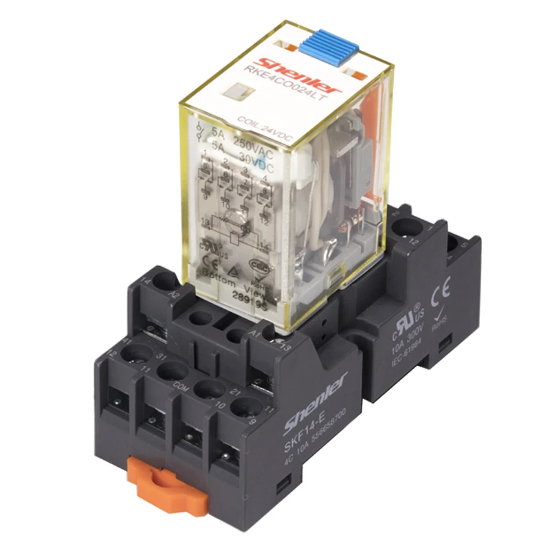 Shenler RKE4CO024LT+SKF14-E general purpose relay 4 pole 5A 24VDC LED test button my2n dc24v relay 8pin manufacturer volt 14 pin
