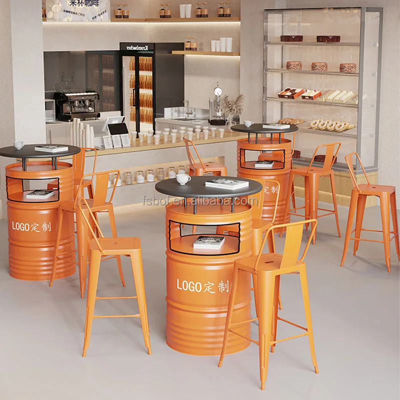 industrial oil drum design restaurant furniture high bar table and chairs high top bar tables and tall chair