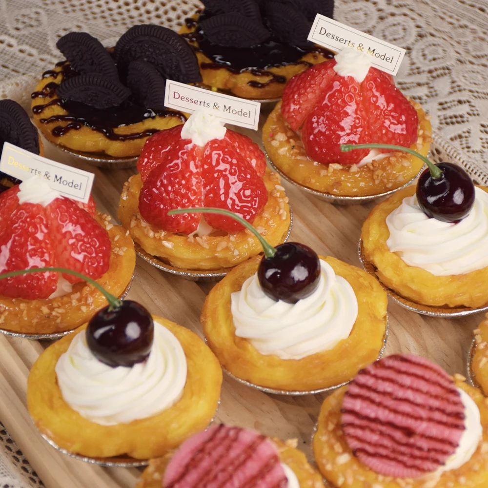 Cream Fresh Strawberry Model Dessert Egg Tart Crispy and Sweet Decorative Oreo Cherry Chocolate Fake Food Display Window DIY