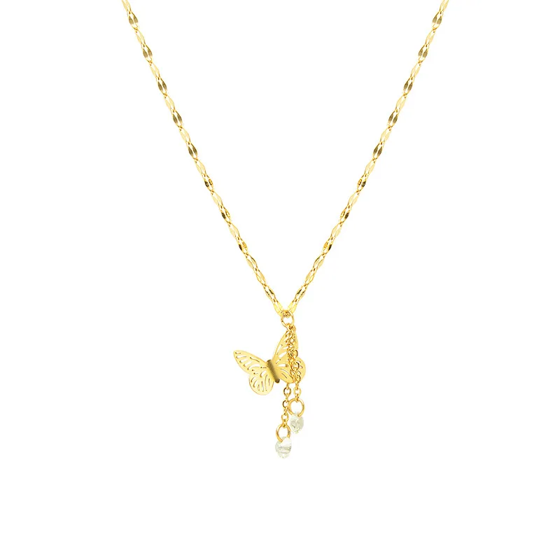 Fashion Temperament Butterfly Tassel Necklace Woman Titanium Steel 18k Gold Plated Clavicle Necklace