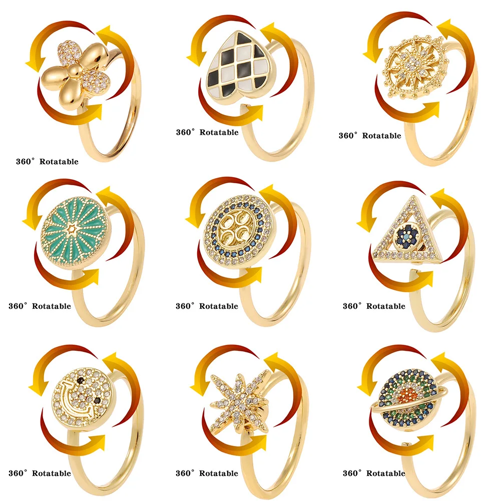 new design girls women ring jewelry gold plated custom rotating crystal adjustable fidget anxiety spinning ring