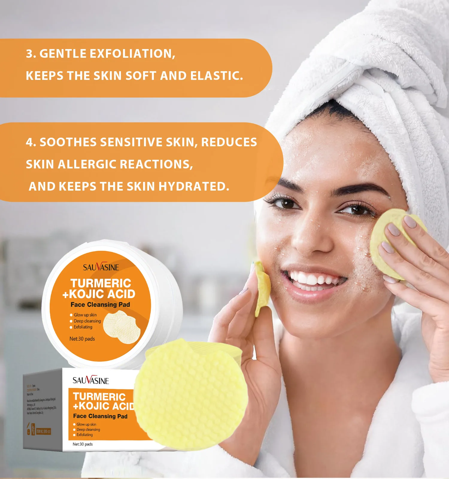 Customized Own Brand Facial Cleansing Exfoliation Whitening Turmeric Kojic Acid Cleansing Cotton 30 Tablets