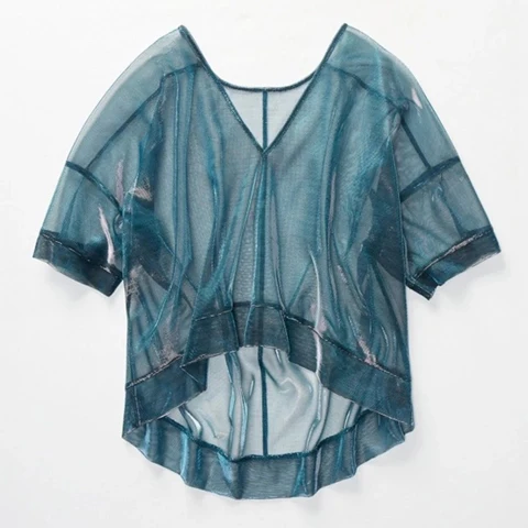 women v-neck half loose sleeve T-shirts transparent mesh up tops sexy street wear solid blue slim sheer casual T-shirts