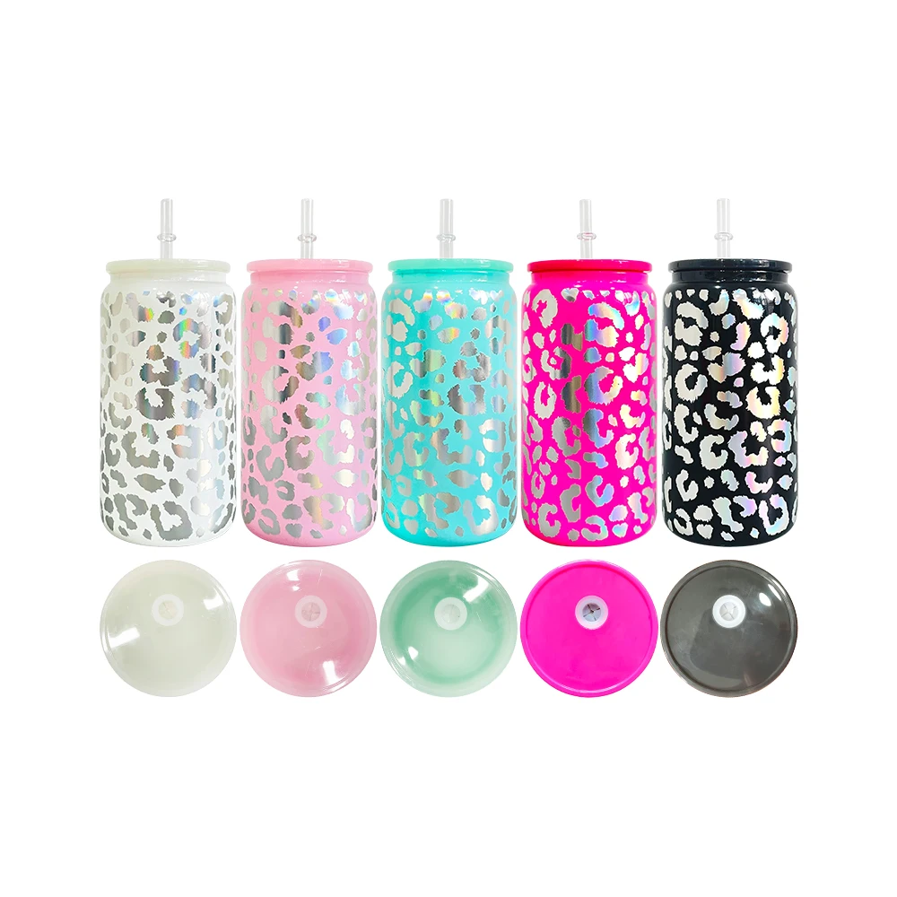 Ready to ship leopard print 16oz glass can Holographic Leopard cheetah print 16oz beer glass can with colorful plastic lids