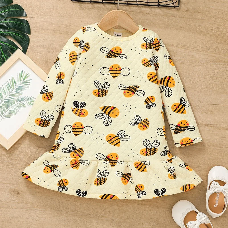 Baby Girls Autumn Spring Cute Bee Print Long Sleeve Tutu Dress Toddler Children Casual Clothes