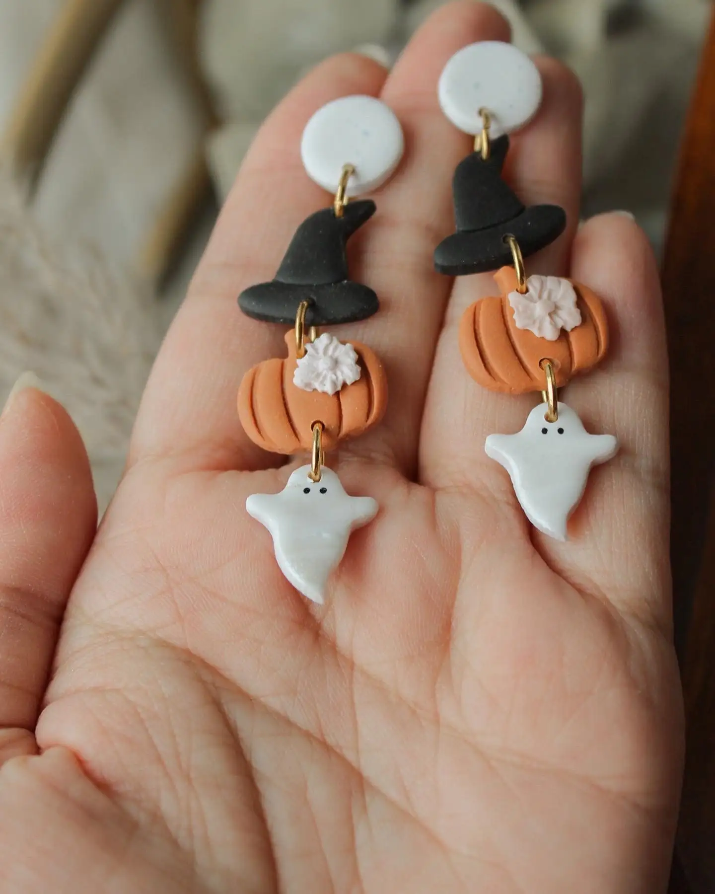 New polymer clay witch hat pumpkin ghost personality earrings autumn halloween earrings for women