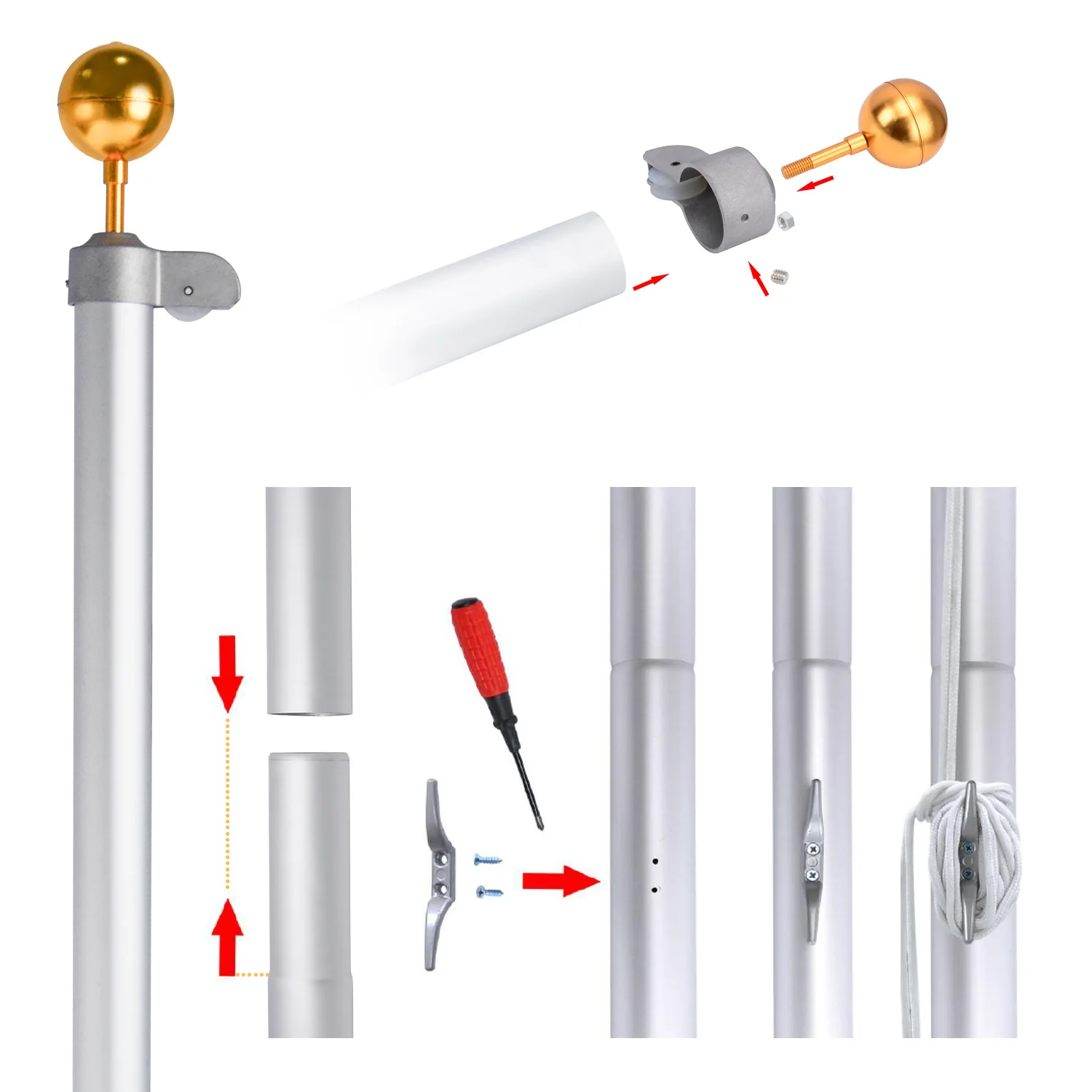 Factory wholesale sales 25FT Outdoor Garden Construction Flagpole Aluminum Alloy Silver Sectional Flag Pole