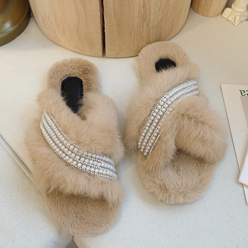Pearl and  rhinestone flat fur slippers for women