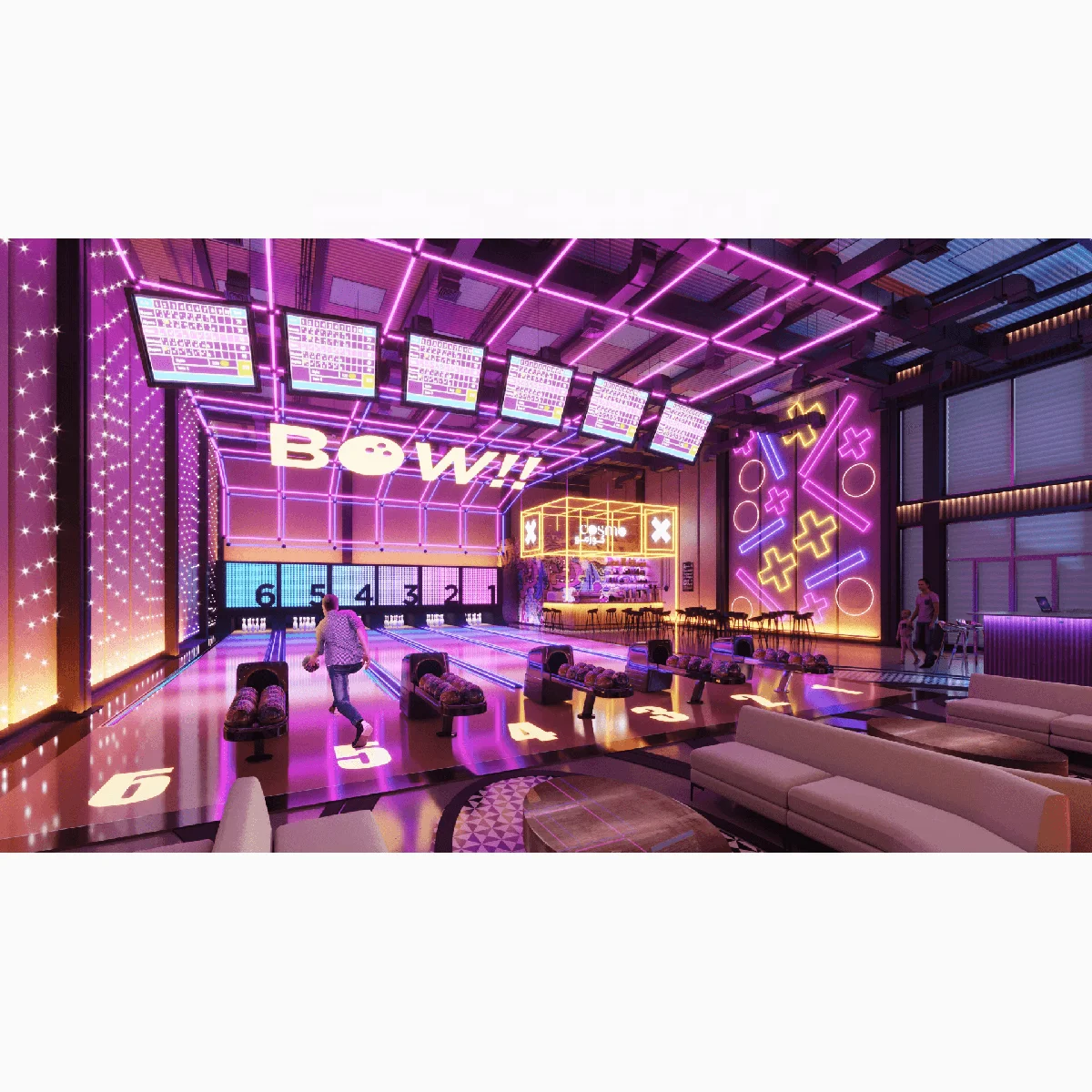 Amazing bowling alley design custom bowling center bar counter bowling restaurant lounge furniture