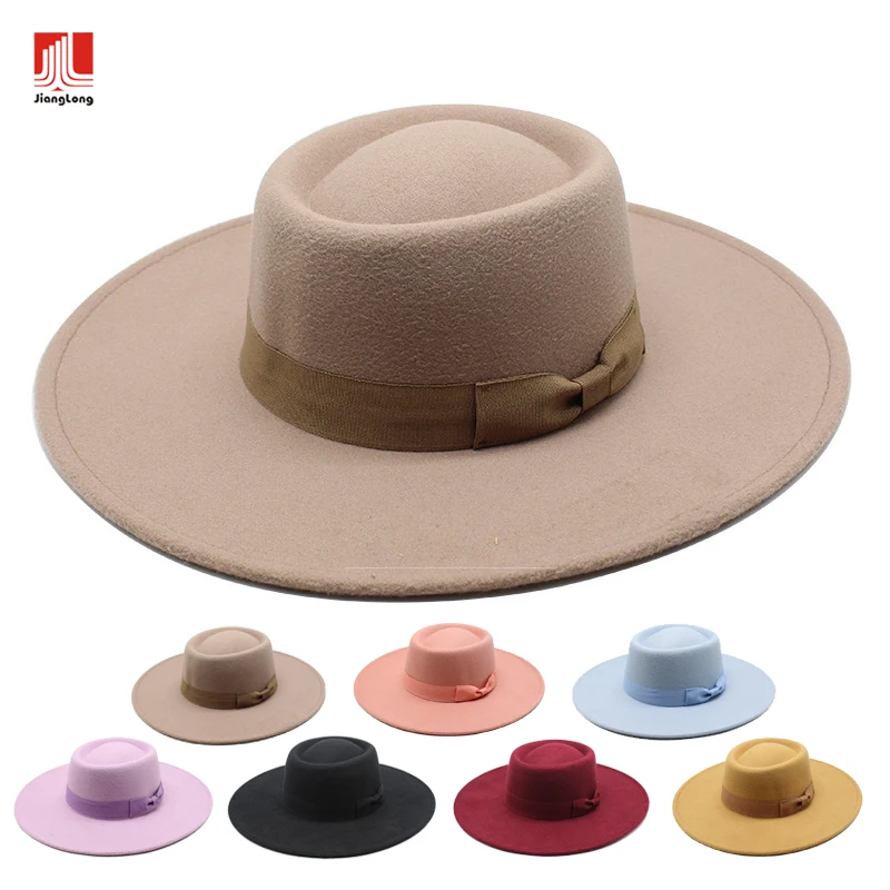 2021 wholesale fashion women poly/cotton wool feel unisex wide brim panama solid fedora hats with ribbon band