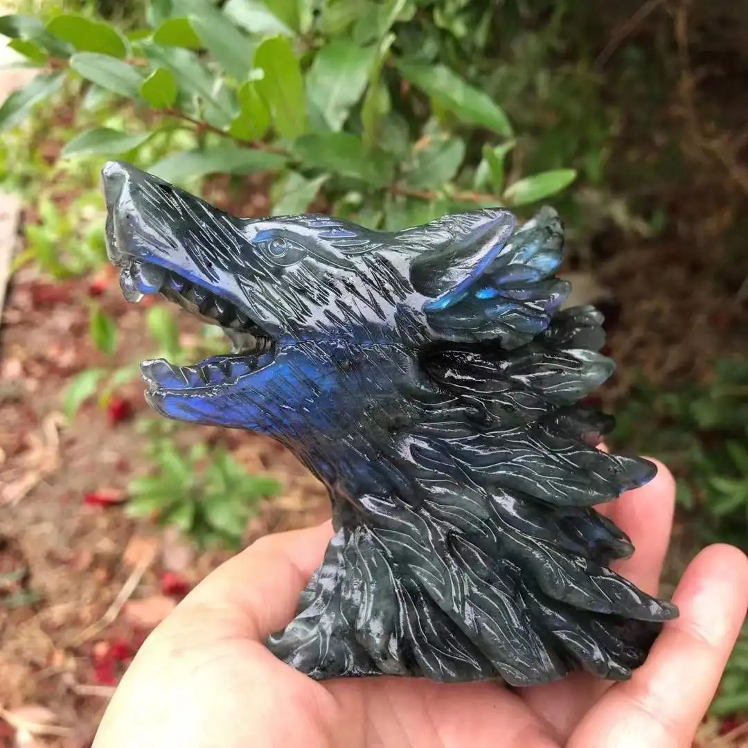 Оптовая продажа ручная резьба Исцеляющие все виды драгоценных камней натуральный кварц лабрадорит голова волка