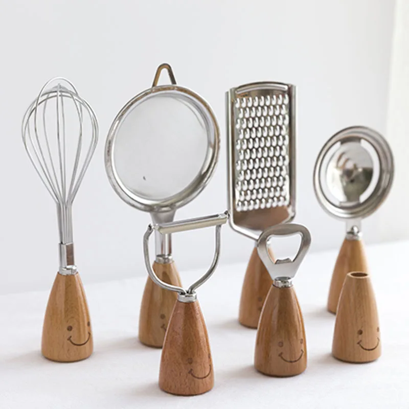 Instock Tools Utensils Steel Gadgets Stainless Wooden Wholesale Handle Cute Home Multipurpose Small Kitchen Gadget Set
