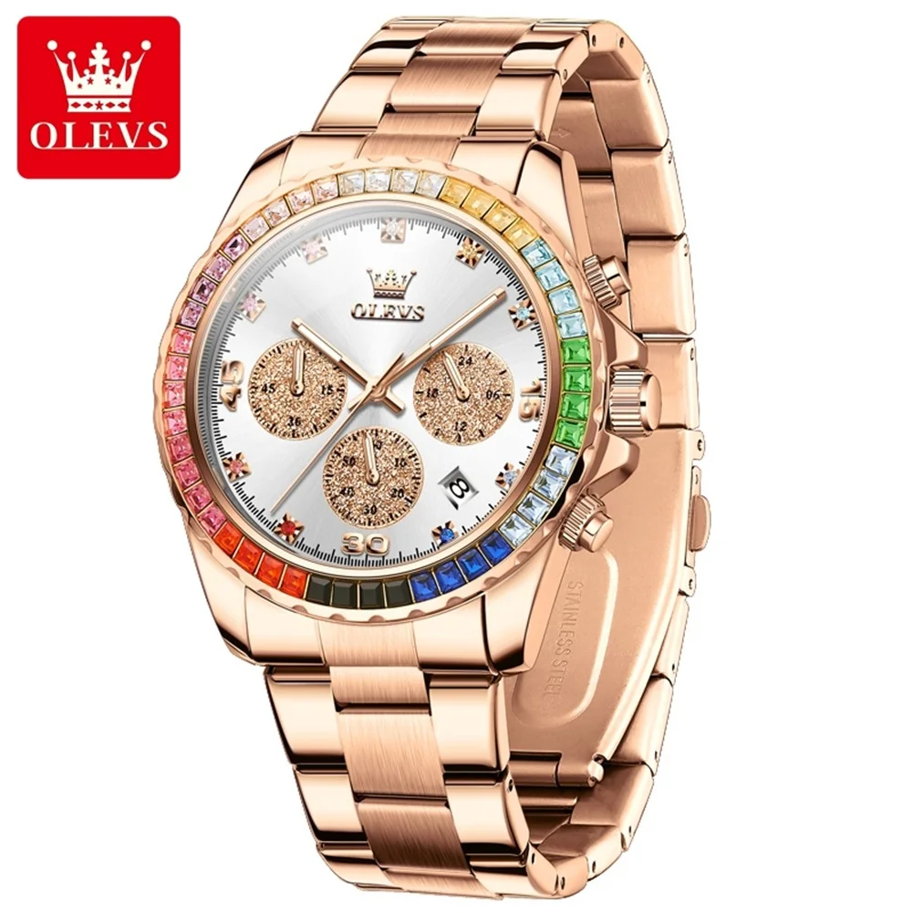 OLEVS 2939 Depth Waterproof Rainbow Bezel Quartz Watch Hot Selling Stainless Steel High End Dull Polish Band Wrist Watch For Men