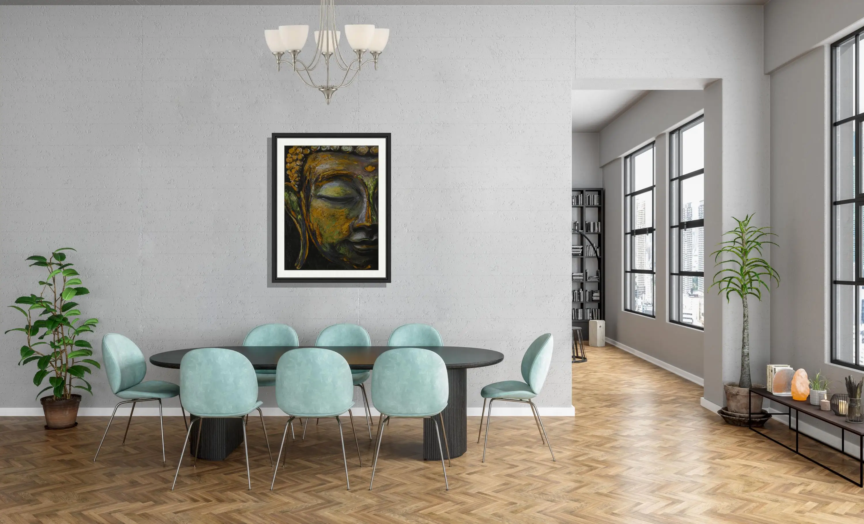 Hand Painted Colorful Buddha Green Bronze Brown Statue Hand Made Framed Matted 3D Brushstroke Texture for Home Decor