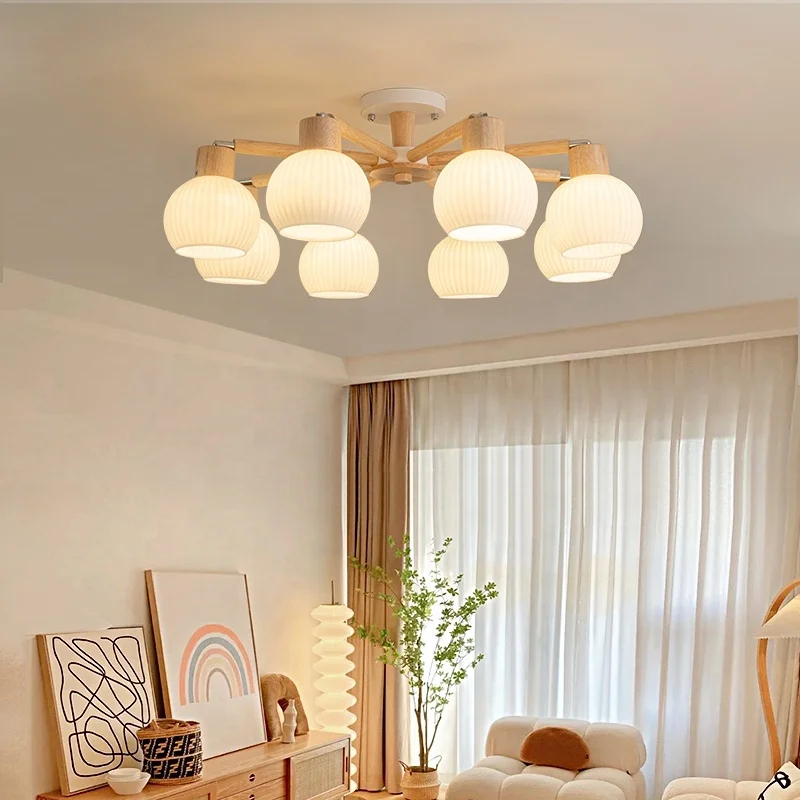 Japanese log solid wooden chandelier light for restaurant bedroom E27 simple glass creative Nordic pendant lighting
