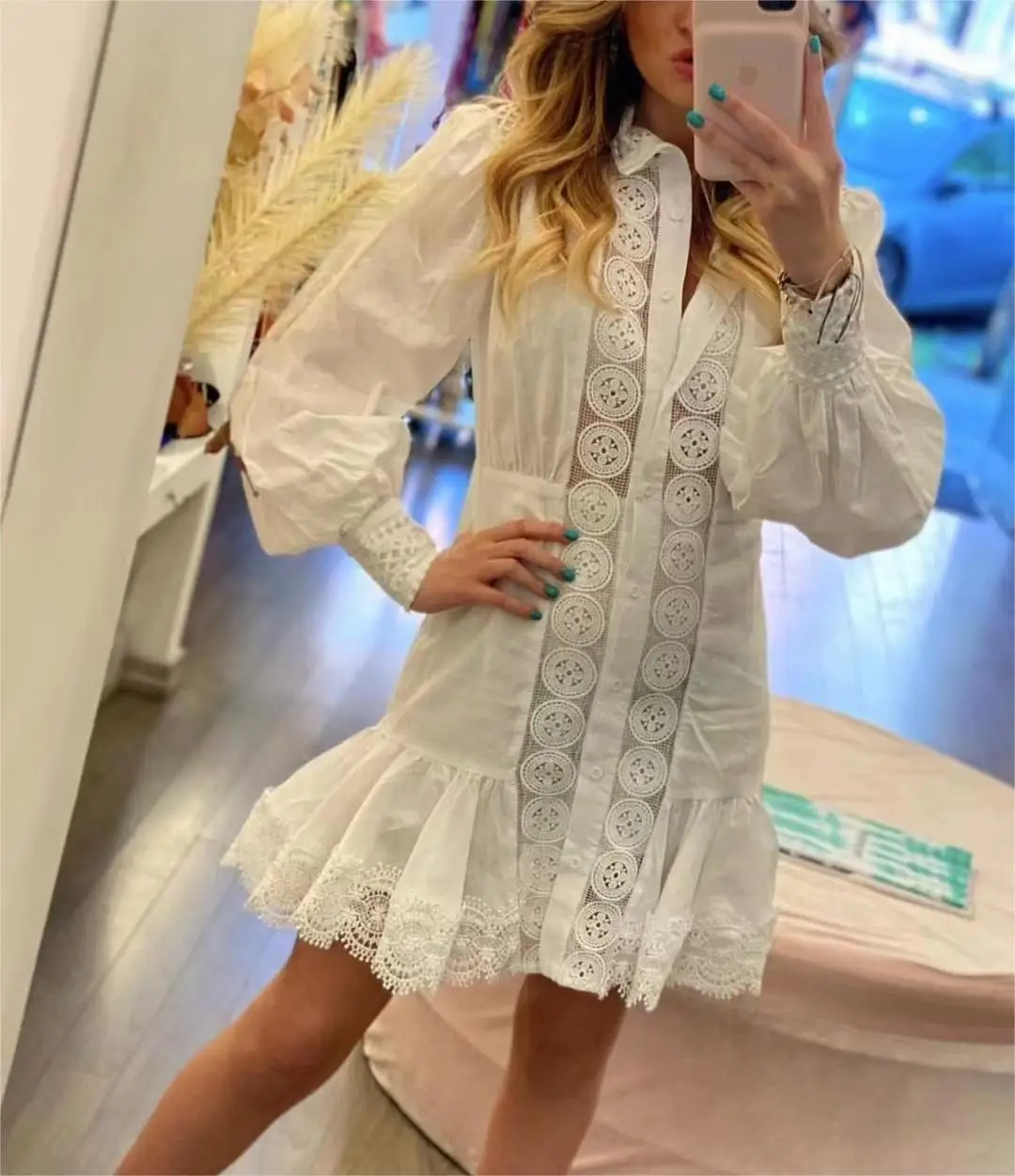 French Elegant Simple Embroidery Style 2024 Summer New Style Stand-up Collar Lantern Sleeve High Waist Short Ruffle Dress