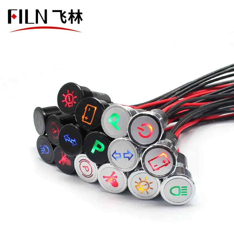 FILN 16mm waterproof flat head 12v 220v  yellow green blue metal led equipment indicator lights i with cable