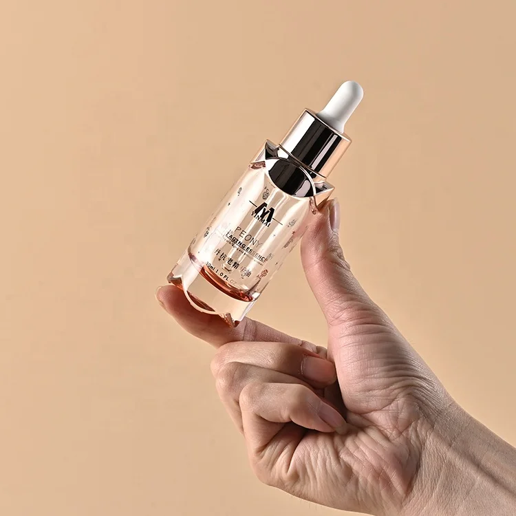 Luxury 30ml rose pink custom Empty Round Essential Oil Dropper Glass Cosmetic Serum Bottle with rose gold dropper