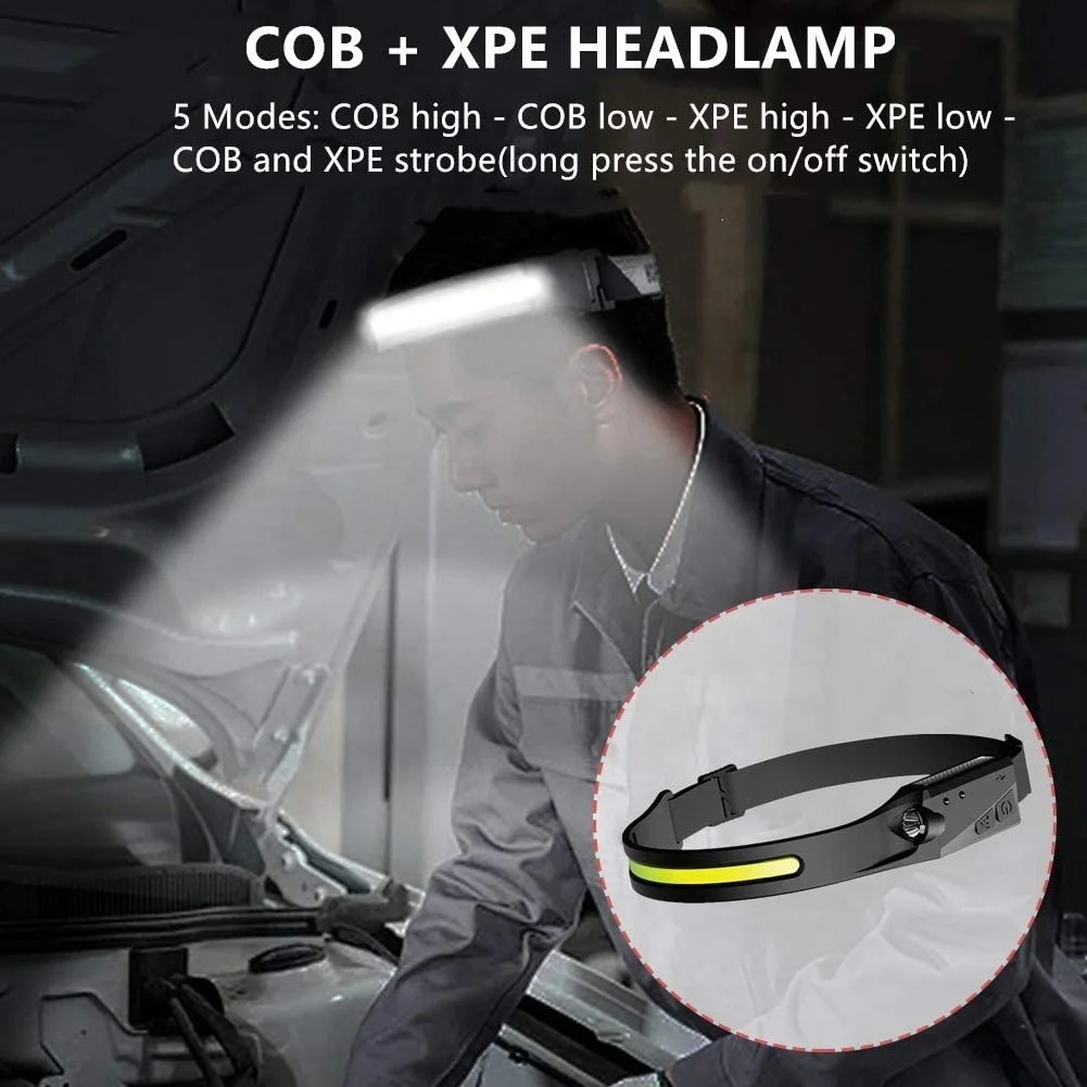 New Arrival Mini Flexible Full Vision COB Flood Head Flashlight Rechargeable Motion Sensor LED Headlamp For Kids Camping Outdoor
