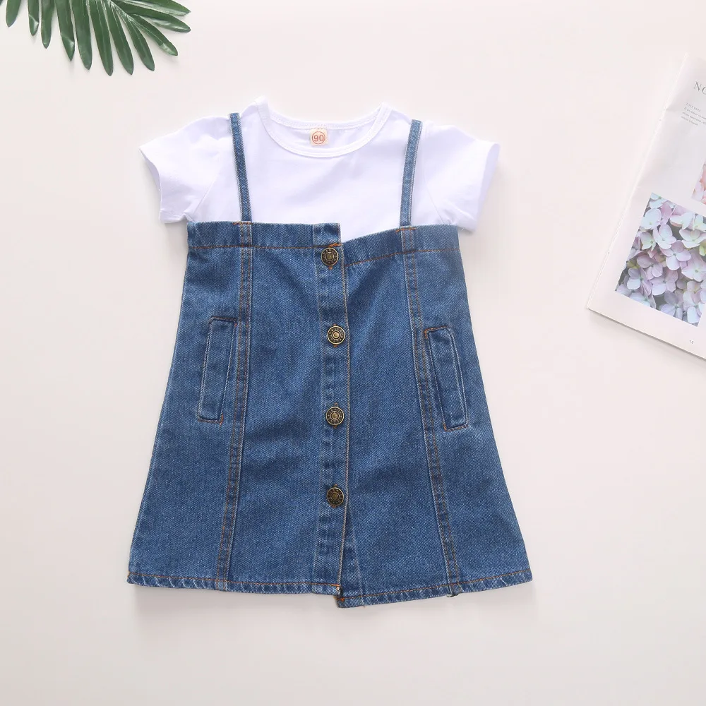 Toddler Girl Dress Short Sleeve White Cotton and Spaghetti Strap Patchwork Denim Dress Cute Kid Girl Jean Dress for summer