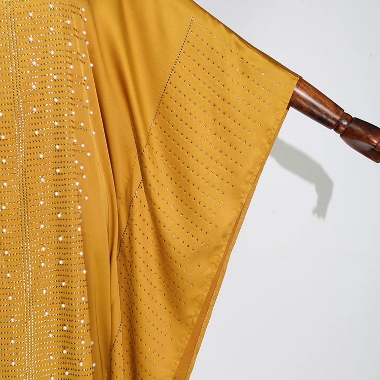 
Abaya African Women Heavy Rhinestone Beaded Silk Satin Crew Neck Wide Bat Sleeve Turban Dress Robe 