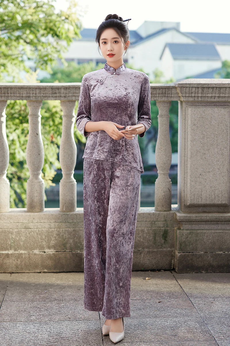 Warm And Comfortable Adults Autumn Winter Mother Dress Two Piece Golden Velvet Suit