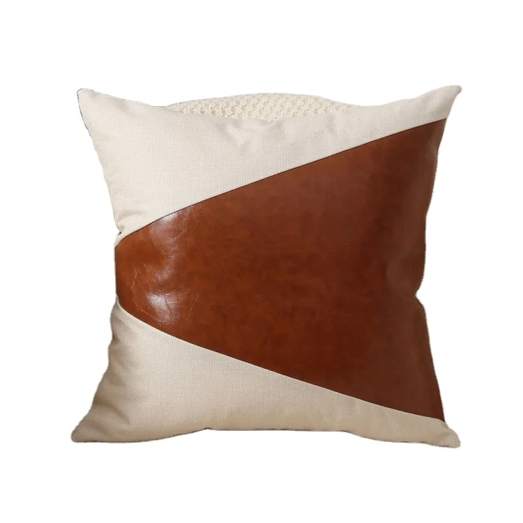 BSCI 1Geometric pattern patchwork Decorative Throw cushion Covers linen pu leather patchwork throw pillow case custom size