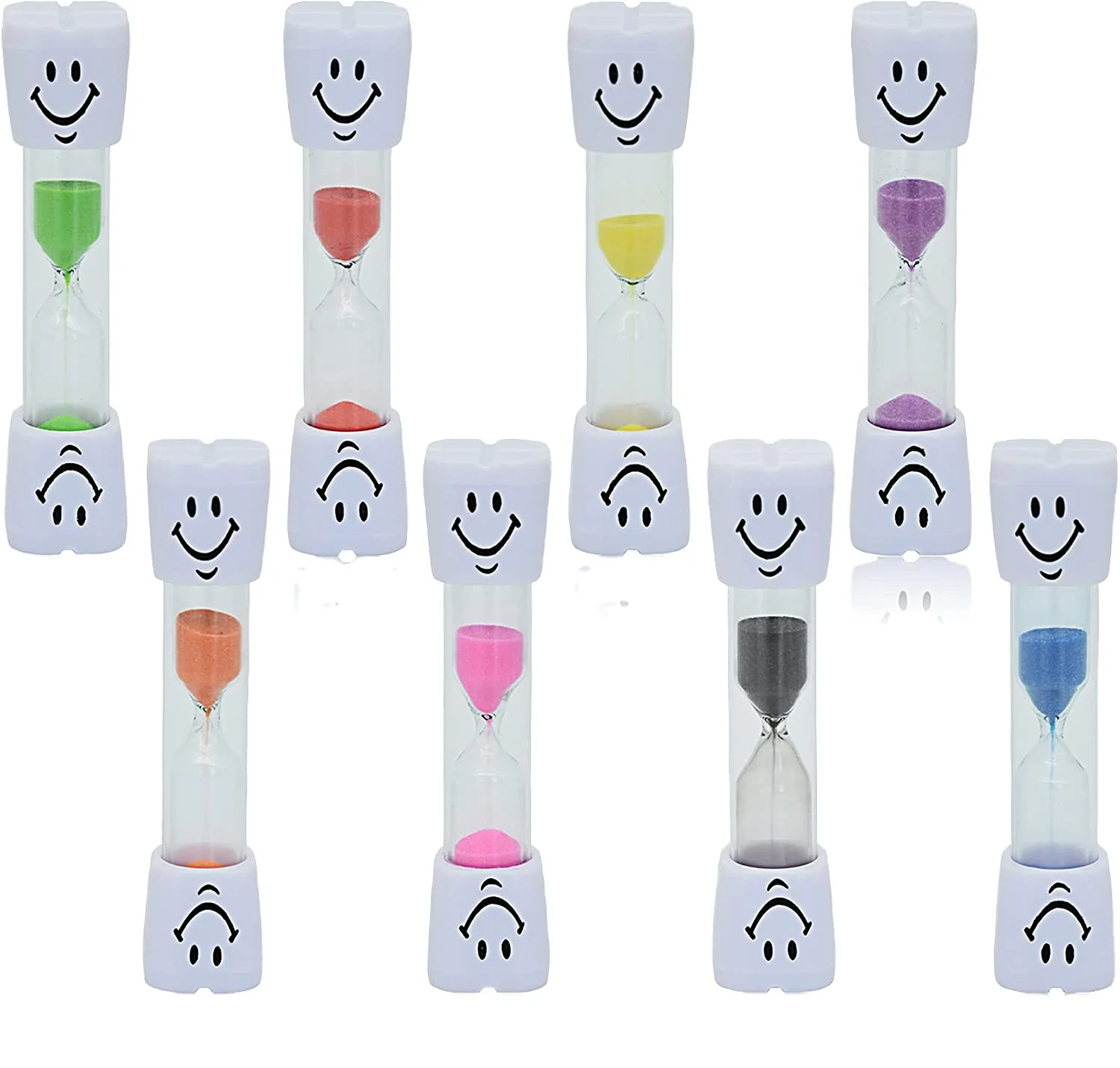 2 Minute Sand Timer Set.8 Pack Colorful Smiley Hourglass Timers for Kids Proper Tooth Brushing