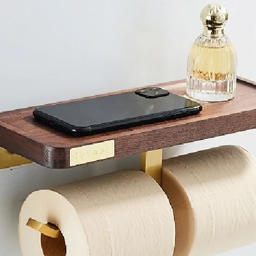 Walnut Wood Aluminum Golden Roll Paper Holder Toilet Paper Holder With Phone Shelf For Bathroom