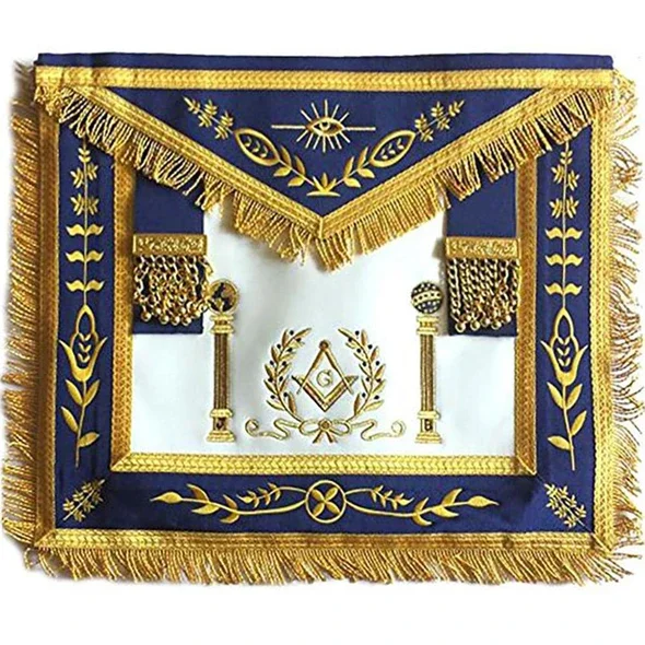 
Navy Blue Apron Master Mason Square G & Pillars Freemasons Gold Fringe 