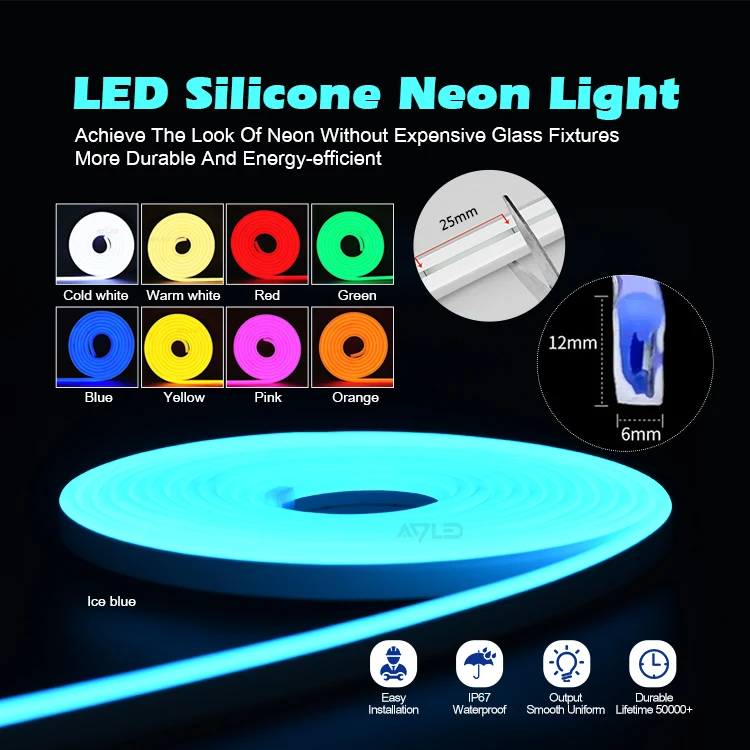 6 X 12mm Colorful Neon LED Strip Light Flexible LED Strip Neon Lights IP65 Waterproof 12V for Sign Letters Decoration