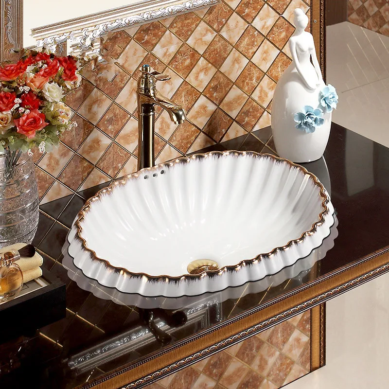 Semi Embedded Artistic Wash Basin Ceramic Coute top Bathroom basin Sink bowl oval sinks shell shape white