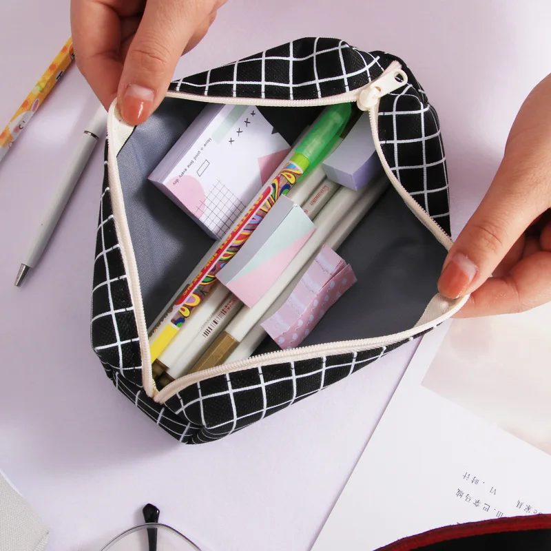 Simple Creative Octagonal Large Pencil Case Plaid Canvas Square Student Stationery Box Advertising Custom Pencil Case