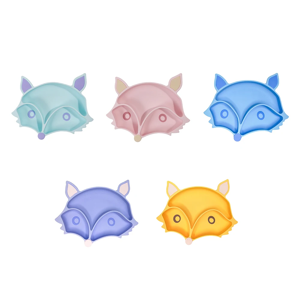 Fox Shape Spill-proof Silicone Cartoon Style Portion Plate Diet Training Baby Feeding Divided Plate Silicone Tableware Set