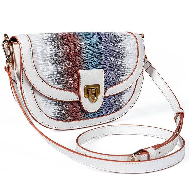 High-quality durable soft leather saddle bag false snake skin handbag with luxury metal hasp