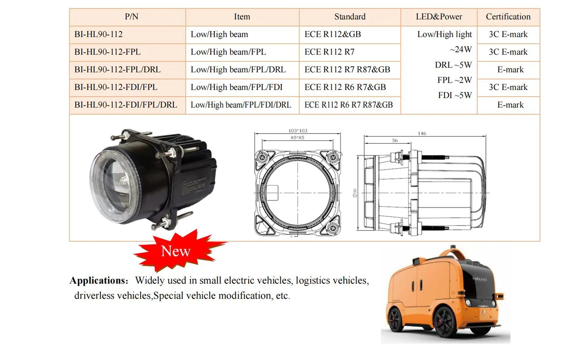 Head light 90mm E-mark ECE R112 approved hi low beam with front direction indicator position and day running lamp for BYD bus