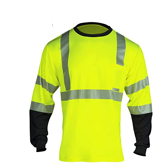 Custom Logo Safety Reflective Hi Vis Long Sleeve Top Shirts  Men High Visibility Construction Work T Shirts