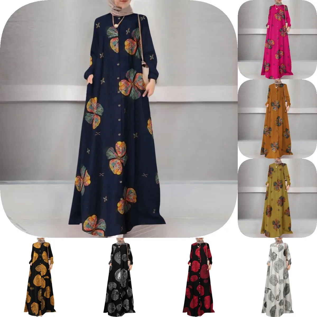 New Arrived Women Vintage Ethnic Wind Lotus Leaf Sleeve Waist Swing Dress Muslim Dress