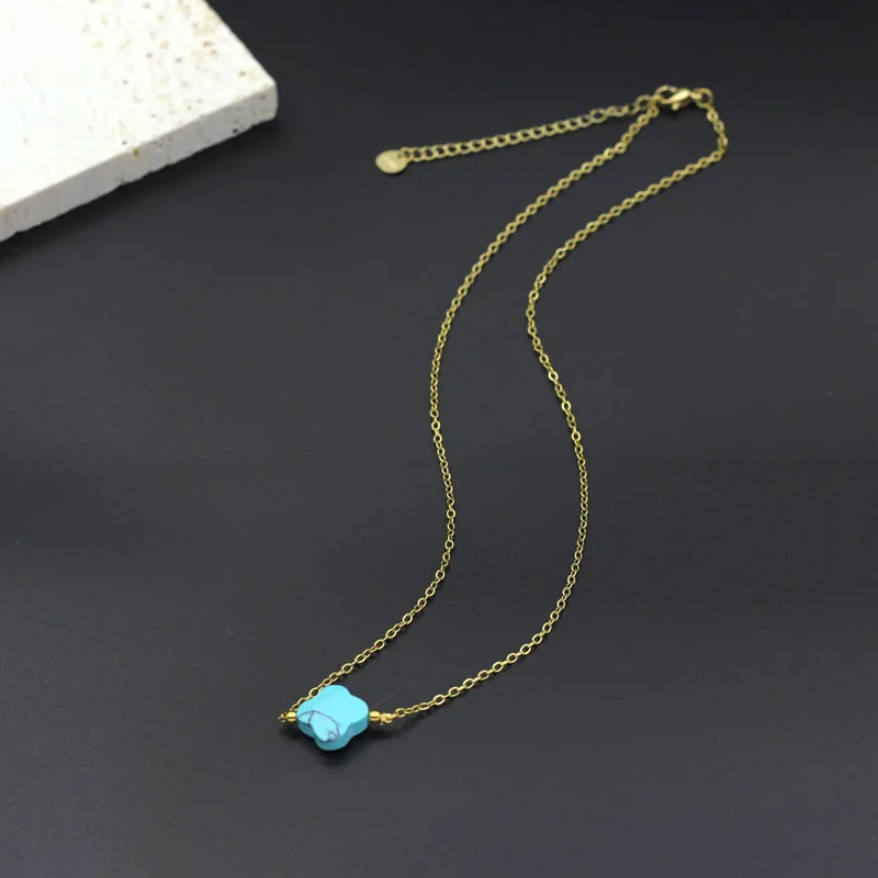 Simple Lucky Colorful Healing Crystal Tiger Eye Turquoise Natural Stone Four Leaf Clover Necklace