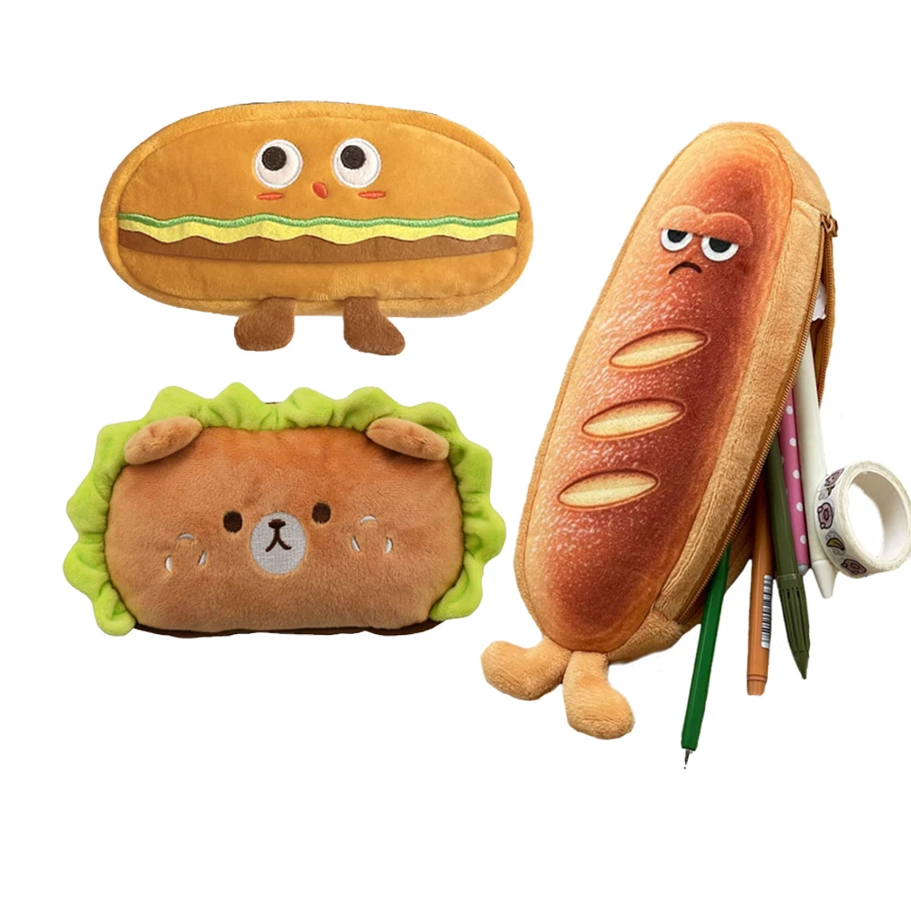 Custom Hamburger Plush Toy Stationery Cartoon Cute  Bread Pencil Case for Teen Girls and Cosmetic Bag Mascot Style Doable