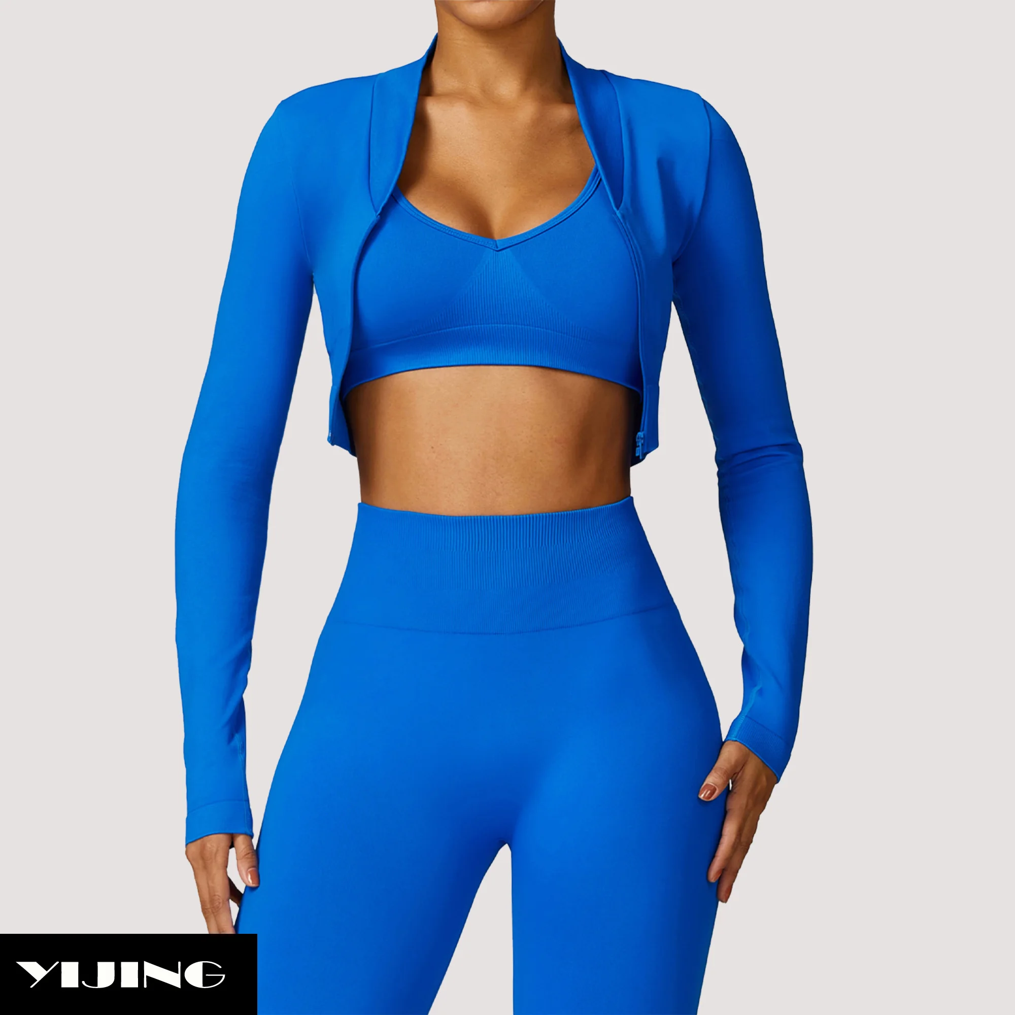 Высококачественная одежда для йоги с длинными рукавами бесшовный спортивный укороченный топ на молнии спереди Женский Топ