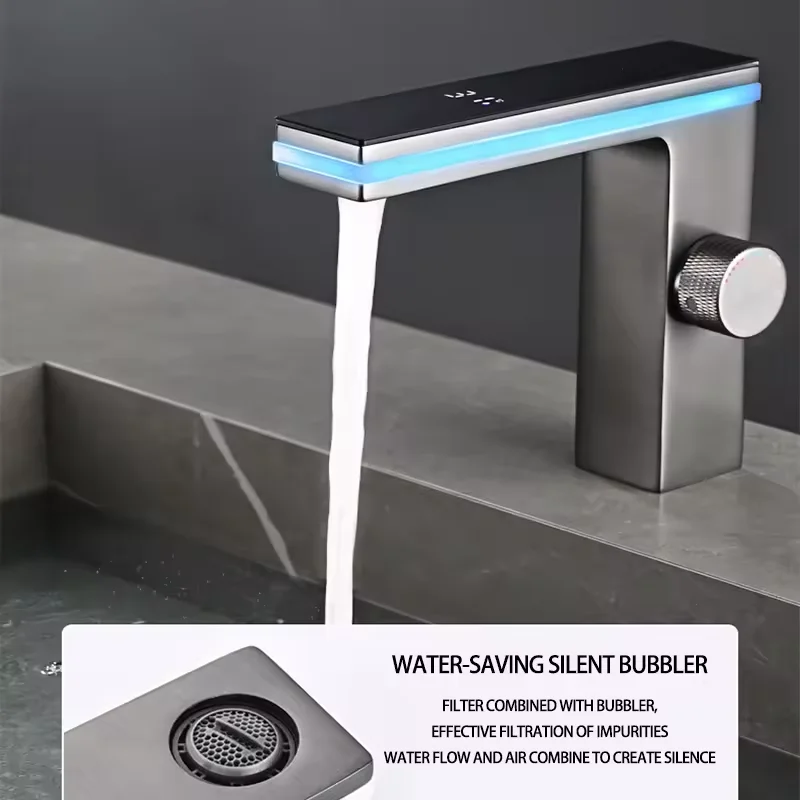 LED Intelligent Digital Temperature Display Hydroelectric Power Smart Surround Atmosphere Brass Aluminum Bathroom Basin Faucet